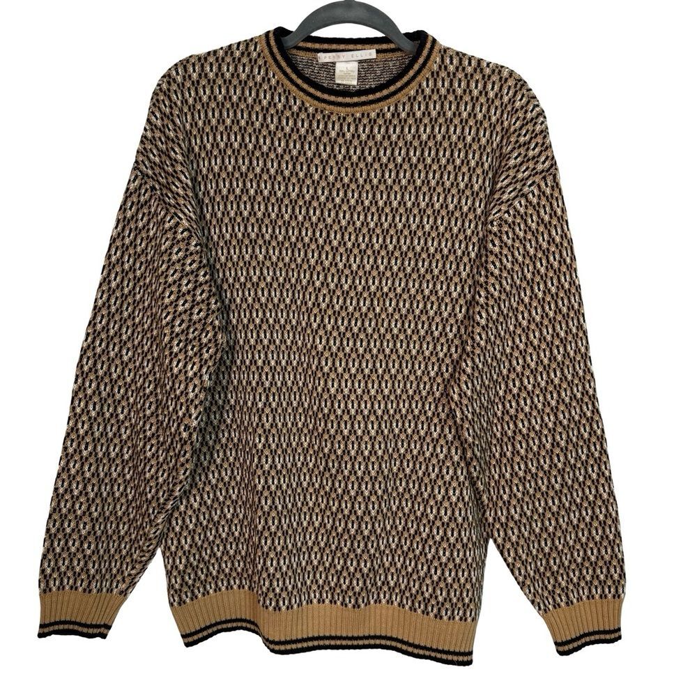 Perry Ellis Men Brown Geometric Knit Cotton Crewneck Sweater Large MG4933